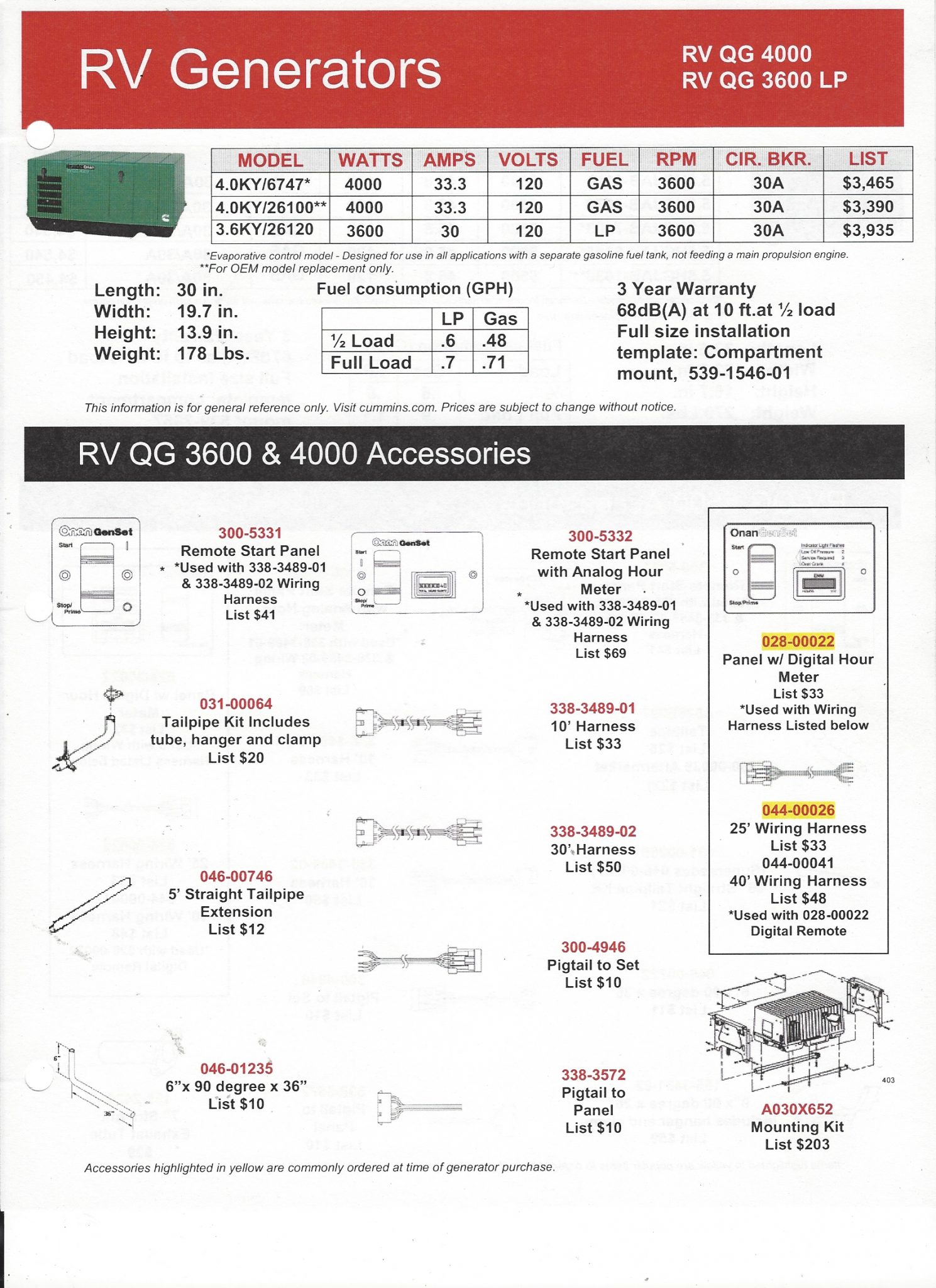 CUMMINS ONAN RV GENERATOR RV QG 4000 & RV QG 3600 LP APU Center